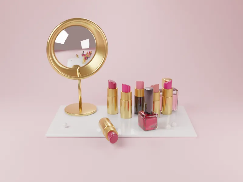 Vanity tray full of lipsticks and nail polish beside a gold mirror
