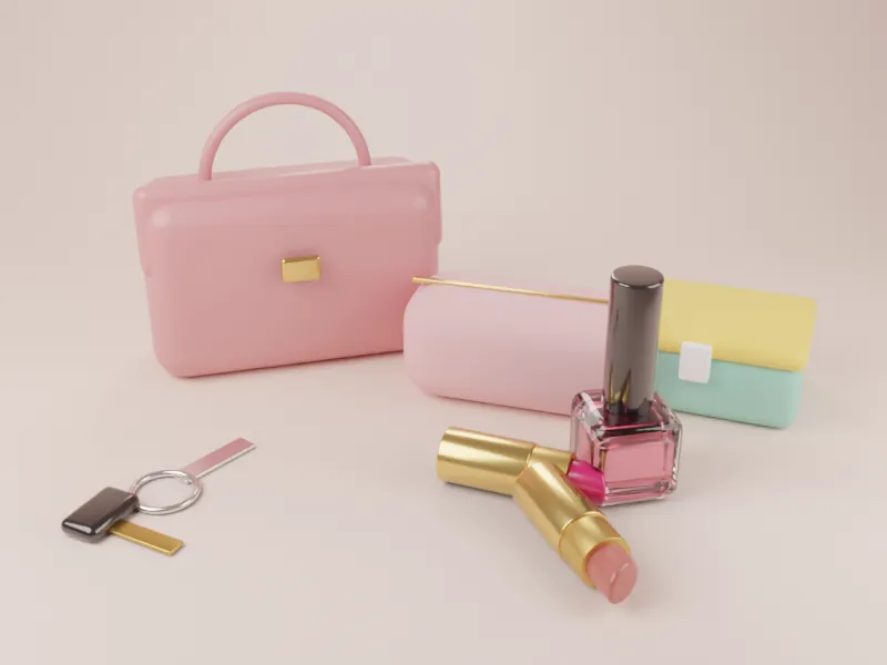 Handbag and make-up pouch with lipsticks, car keys and a child's lunchbox