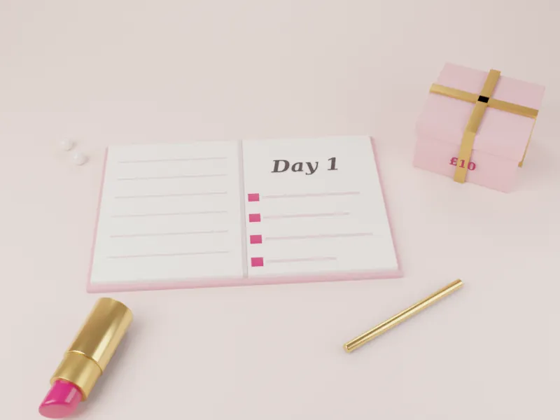 Notebook open at Day 1 with a lipstick, pen and a £10 gift box