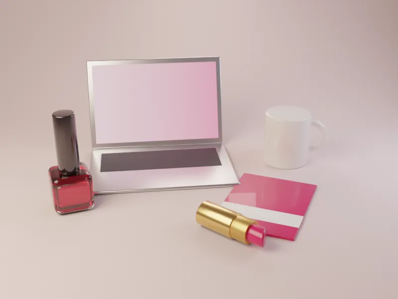 Laptop, coffee mug, brochure and lipstick in warm evening light